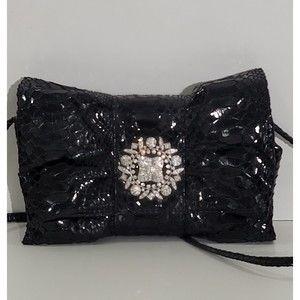 Iman Global Chic Bow Black Snakeskin Evening Clutch Huge Rhinestone